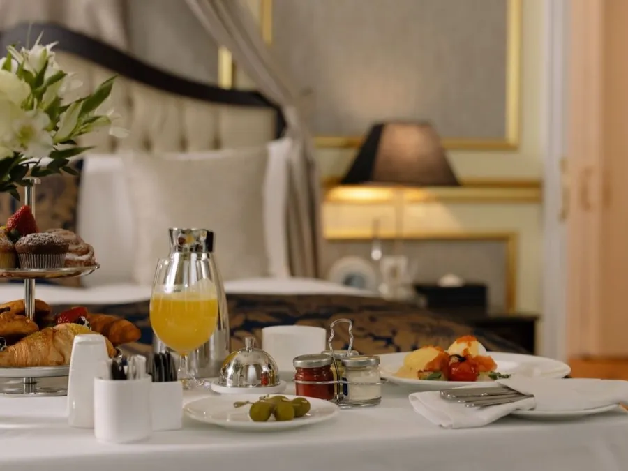 Hotel room-service breakfast with coffee