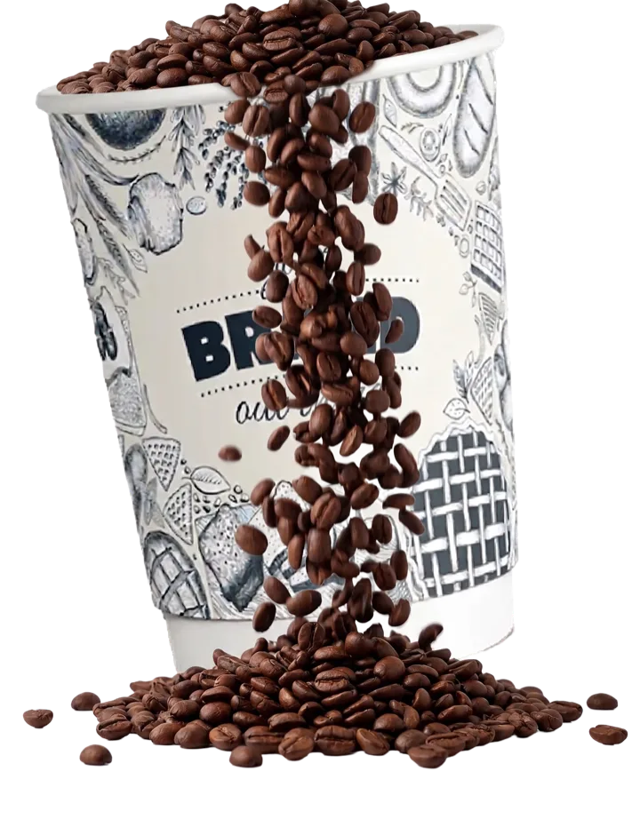 Branded double-wall paper coffee cup with coffee beans